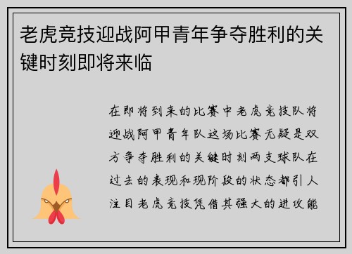 老虎竞技迎战阿甲青年争夺胜利的关键时刻即将来临